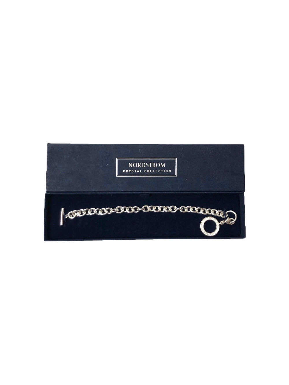 NEW IN BOX Nordstrom Crystal Collection Silver Charm Chain Link Bracelet 7" Long